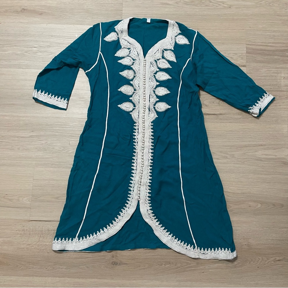 Teal Kaftan with White Embroidery